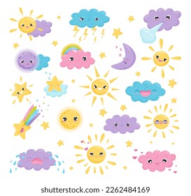 Weather cute characters set. Clouds, sun and moon with funny faces cartoon vector illustration
