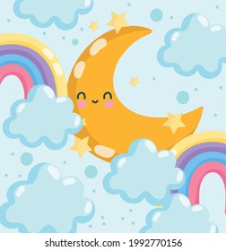 weather cute moon and rainbow clouds