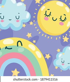 weather cute sun cloud and rainbow with stars sky decoration vector illustration