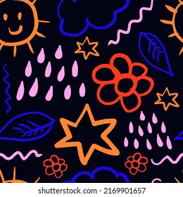 Weather cute trendy hand drawn seamless patternFunny abstract doodle vector illustration. Sun, cloud, rain, flower, leaf sketch elements festive background