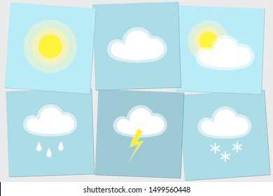 Weather day icon Sun cloud rain lightning snow simple isolated on blue background Icon symbol sunny cloudy rainy snowy weather Set Flat design element meteo weather icon Vector wallpaper applications