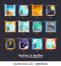 weather and daytime outside the window. weather icon concept - vector illustration