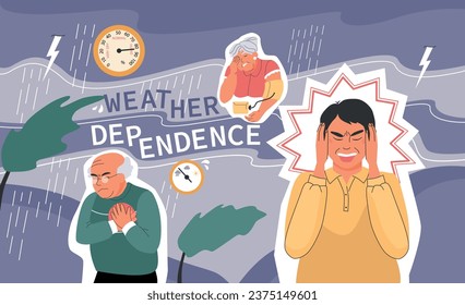 Weather dependence composition with collage of flat icons text human characters wind and rain with thunderstorms vector illustration