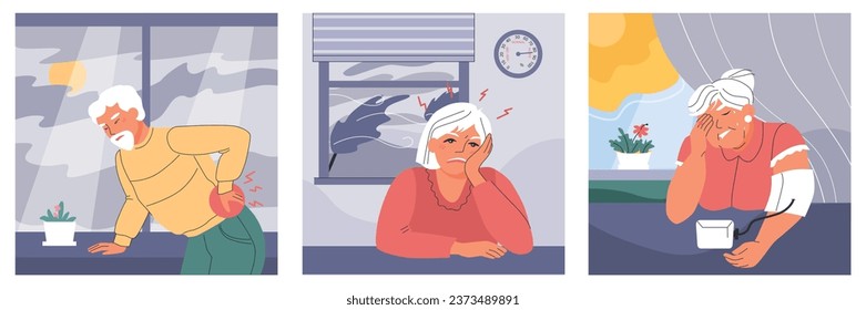 Weather dependence flat set of three square compositions with elderly human characters suffering from weather changes vector illustration