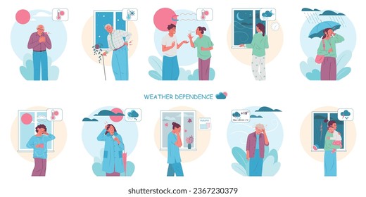 Weather dependence icons set with weakness symbols flat isolated vector illustration