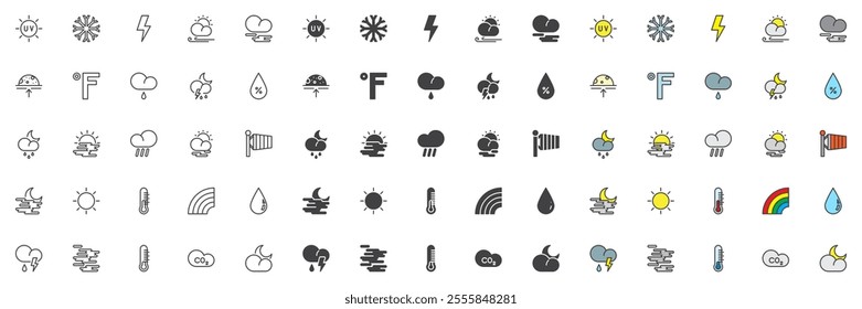 Weather different style icon set. Line, glyph and filled outline colorful version, outline and filled vector sign. Symbol, logo illustration. Set includes icons as all seasons weather forecast