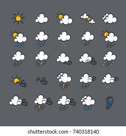 Weather doodle icon set, real pen sketch suitable for for web, mobile and infographics. Vector Illustration