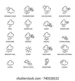 Weather doodle icon set, real pen sketch suitable for for web, mobile and infographics. Vector Illustration