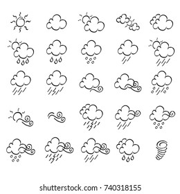 Weather doodle icon set, real pen sketch suitable for for web, mobile and infographics. Vector Illustration