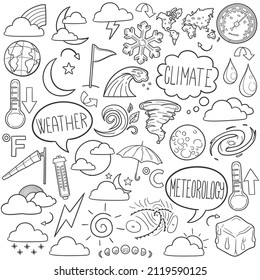 Weather Doodle Icons. Hand Made Line Art. Meteorology Clipart Logotype Symbol Design.