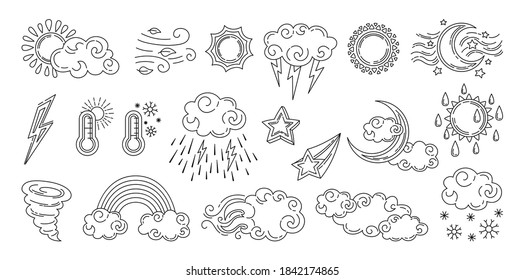 Weather doodle set. Black line hand drawn sun and clouds, rain or snow, lightning, moon and star. Symbols of forecast weather. Vector outline collection. Meteorological infographics linear signs