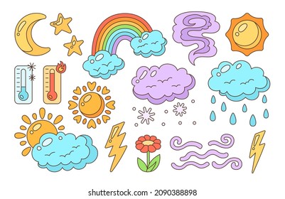 Weather doodle set. Linear hand drawn climate meteorological infographic sign. Sun and clouds, rain or snow, lightning, moon and star, line thermometer. Funny childish nature weather collection