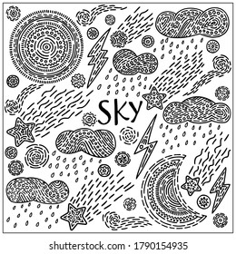 Weather doodle set: moon, sun,
clouds, rain, lightning, stars and snowflakes. Vector illustrations in hand drawn style for posters, prints, cards, fabric, children's books.