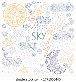Weather doodle set: moon, sun,
clouds, rain, lightning, stars and snowflakes. Vector illustrations in hand drawn style for posters, prints, cards, fabric, children's books. Cute pastel colors.