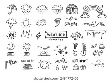 Weather Doodle sketch icons cartoon line hand drawn illustration for concept design. Kids cute style. Vector illustration