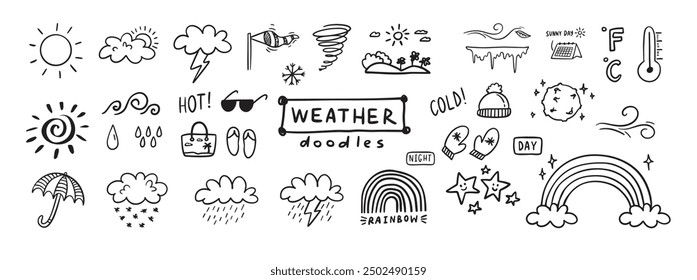 Weather Doodle sketch icons cartoon line hand drawn illustration for concept design. Kids cute style. Vector illustration