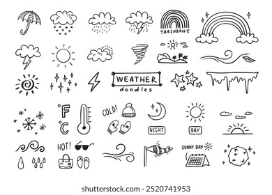 Weather Doodle sketch icons cartoon line hand drawn illustration for concept design. Kids cute style. Vector illustration