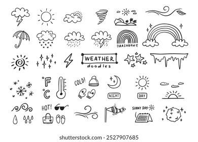 Weather Doodle sketch icons cartoon line hand drawn illustration for concept design. Kids cute style. Vector illustration