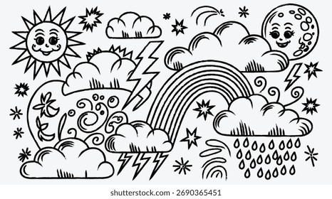 Weather Doodle with Sun Moon Clouds Rainbow Stars and Lightning Bolts