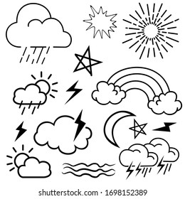 ilustración de conjunto vectorial del doodle meteorológico con estilo artístico de línea de tracción manual vectorial