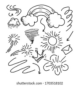 ilustración del conjunto de vectores del doodle meteorológico con estilo artístico de línea de tracción manual vectorial, estrella, sol