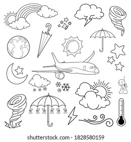 weather doodle vector set illustration with hand draw line art style vector, star, sun
