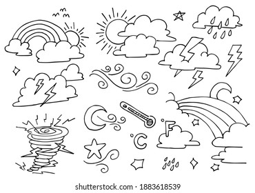 weather doodle vector set illustration with hand draw line art style vector, star, sun