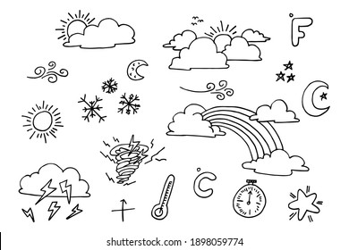 weather doodle vector set illustration with hand draw line art style vector, star, sun