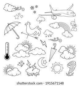 weather doodle vector set illustration with hand draw line art style vector, star, sun