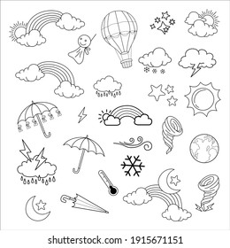 weather doodle vector set illustration with hand draw line art style vector, star, sun