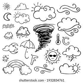 weather doodle vector set illustration with hand draw line art style vector, star, sun