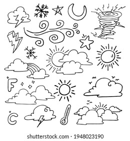 ilustración del conjunto de vectores del doodle meteorológico con estilo de línea de dibujo manual vectorial, estrella, sol