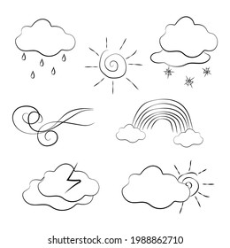 Weather Doodle Vector Set illustration with hand drawn line art style. Forecast symbols collection with sun, clouds, rain, wind, rainbow, storm and snow.
