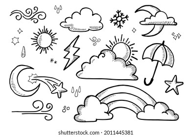 weather doodle vector set illustration with hand draw line art style vector, star, sun.