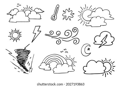 ilustración del conjunto de vectores del doodle meteorológico con estilo de línea de dibujo manual vectorial, estrella, sol