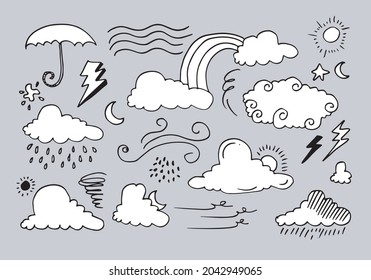 Dibujo del conjunto de vectores de Doodle meteorológico con estilo de arte de línea dibujado a mano vectorial