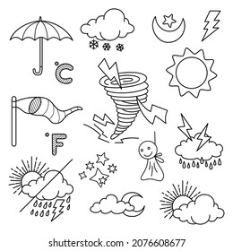ilustración del conjunto de vectores del doodle meteorológico con estilo de línea de dibujo manual vectorial, estrella, sol
