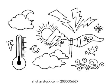 ilustración del conjunto de vectores del doodle meteorológico con estilo de línea de dibujo manual vectorial, estrella, sol