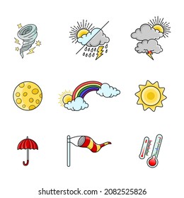 ilustración del conjunto de vectores del doodle meteorológico con estilo de línea de dibujo manual vectorial, estrella, sol