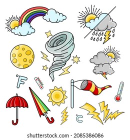 weather doodle vector set illustration with hand draw line art style vector, star, sun