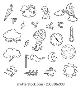 weather doodle vector set illustration with hand draw line art style vector, star, sun