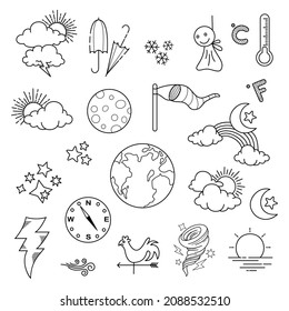 weather doodle vector set illustration with hand draw line art style vector, star, sun