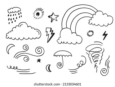 Weather Doodle Vector Set illustration with hand drawn line art style vector