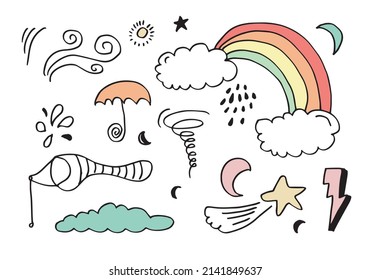 Weather Doodle Vector Set illustration with hand drawn line art style vector