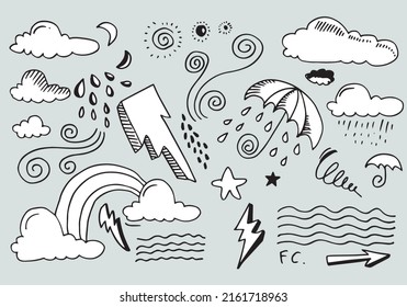 Weather Doodle Vector Set illustration with hand drawn line art style vector