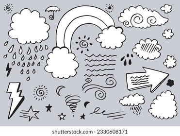 Weather Doodle Vector Set illustration with hand drawn line art style vector