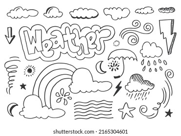 Weather Doodle Vector Set isolated on a white background. hand drawn vector illustration.