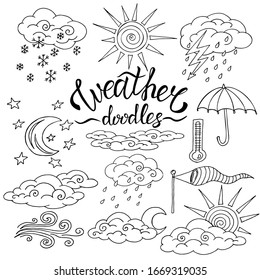 Conjunto vectorial de doodle meteorológico. Sol, nube, nublado, lluvia, nieve, tormenta, trueno, tormenta, viento, termómetro. Ilustraciones dibujadas a mano.