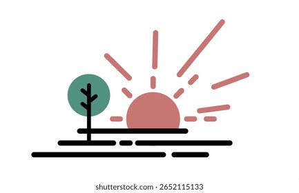 Weather and ecology vector illustration. Sunset landscape with tree. Webpage icons