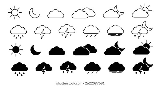 Conjunto de iconos editables de Clima aislados en Ilustración vectorial plana de fondo blanco.